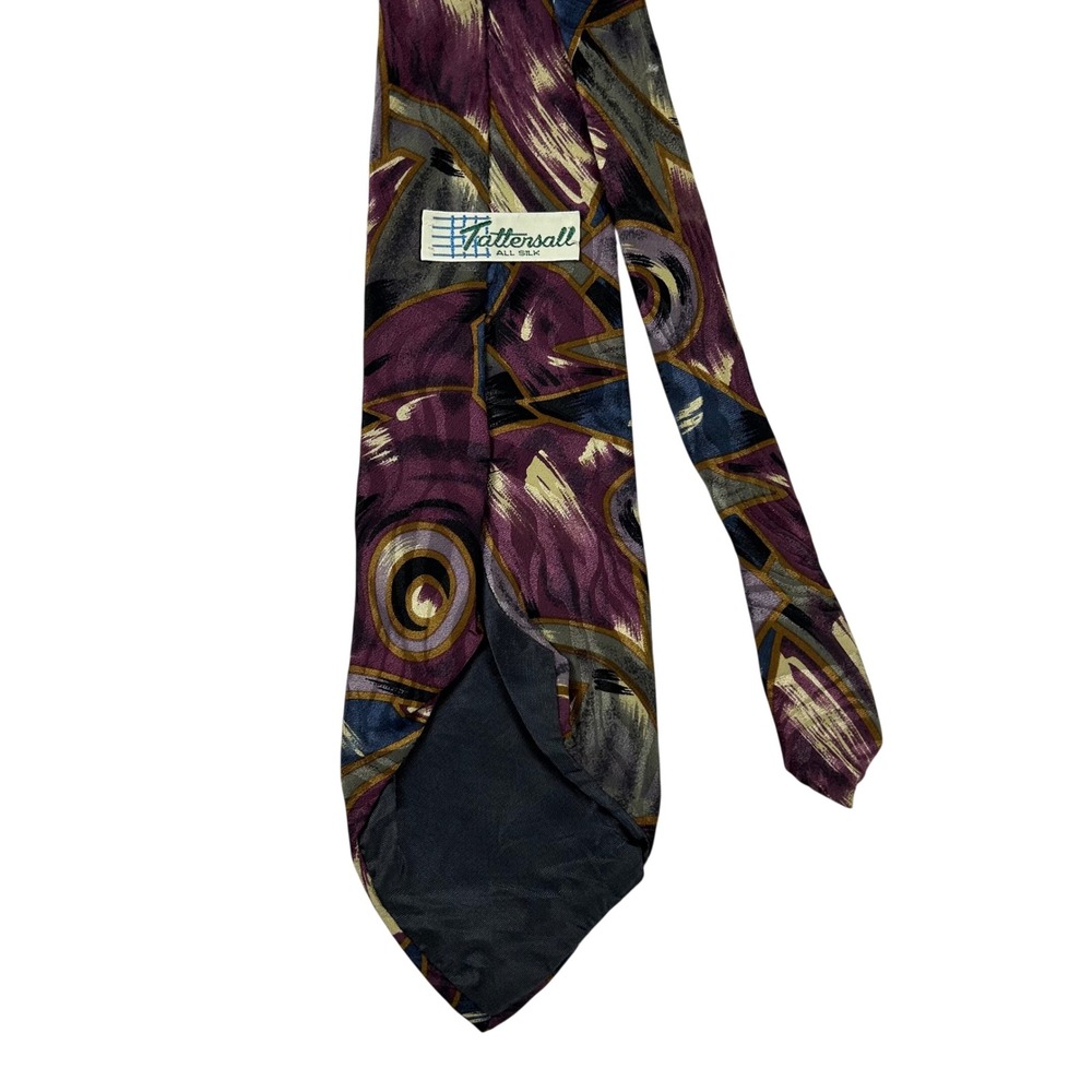 Tattersall Mens Silk Necktie Abstract Geometric Brushstroke Purple Navy Gold - Picture 4 of 7